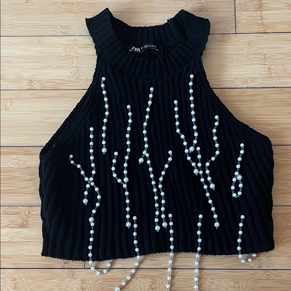 Zara Black Crop Top with Beaded Design